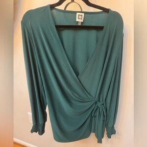 Anne Klein Green Faux Wrap Blouse Long Sleeve, Smocked Cuff, Tie Waist